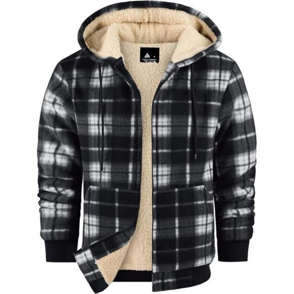 Heavy Thick Hoodies for Men Plaid Flannel Warm Sherpa Fleece Lined Winter Coat
